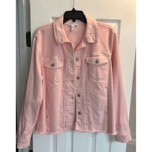 Canyon Retreat Women Pink Denim Jacket Raw Hem Frayed Studded Stretch Large